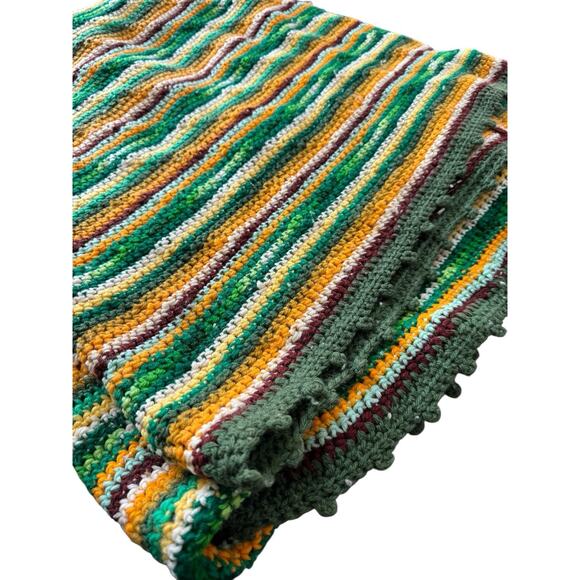Vintage Handmade Crochet Afghan Blanket Green Gold Brown Striped ~54x84 Bobble - Picture 1 of 5
